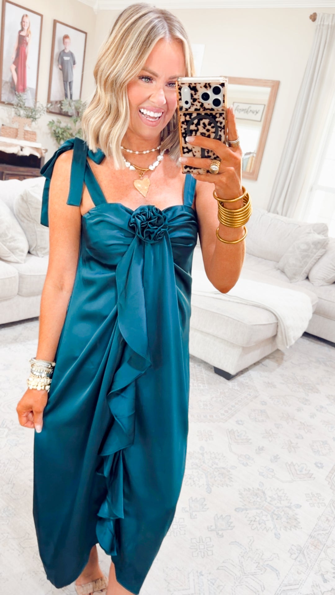 Amara Cascading Ruffle Dress-Teal Green