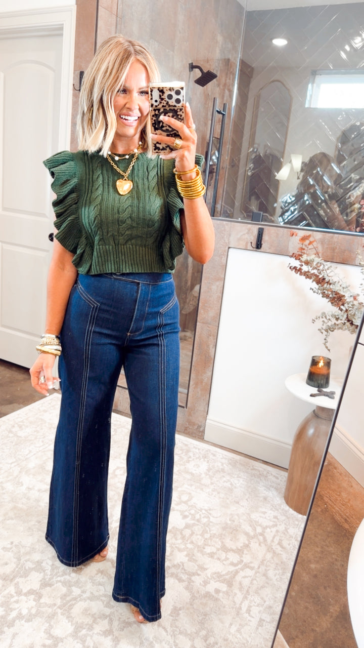 Esme Cable Knit Cropped Sweater-Forest Green