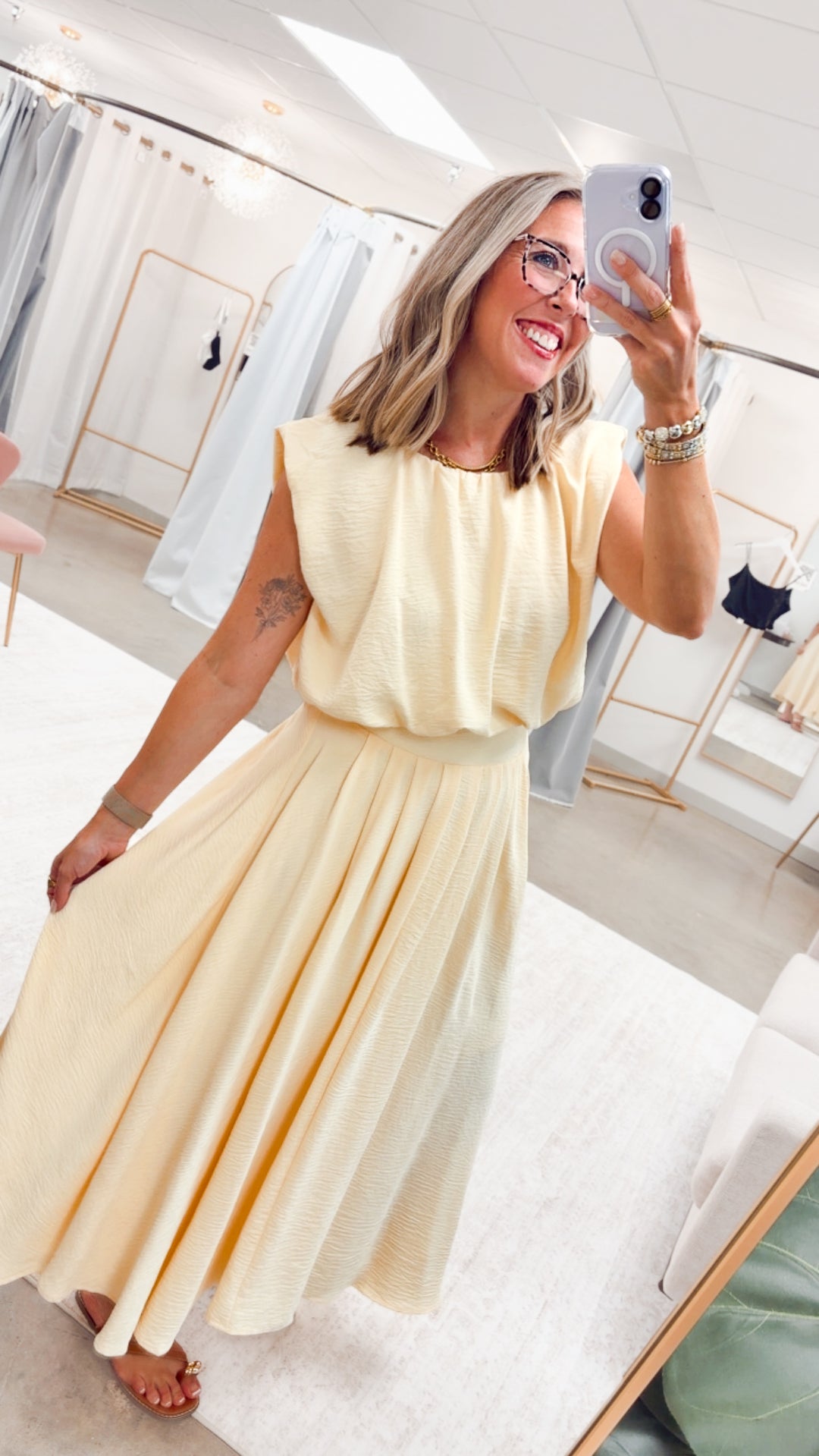 The Arden Balloon Top & Pleated Midi Skirt Set-Yellow