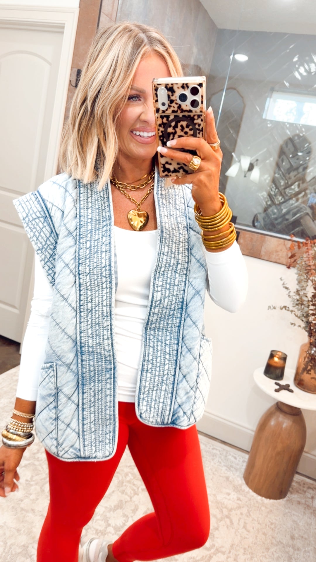 Washed Denim Quilted Shawl Vest