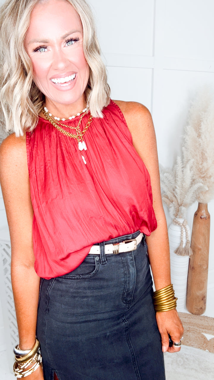 The Mara Bubble Hem Tank-Cranberry