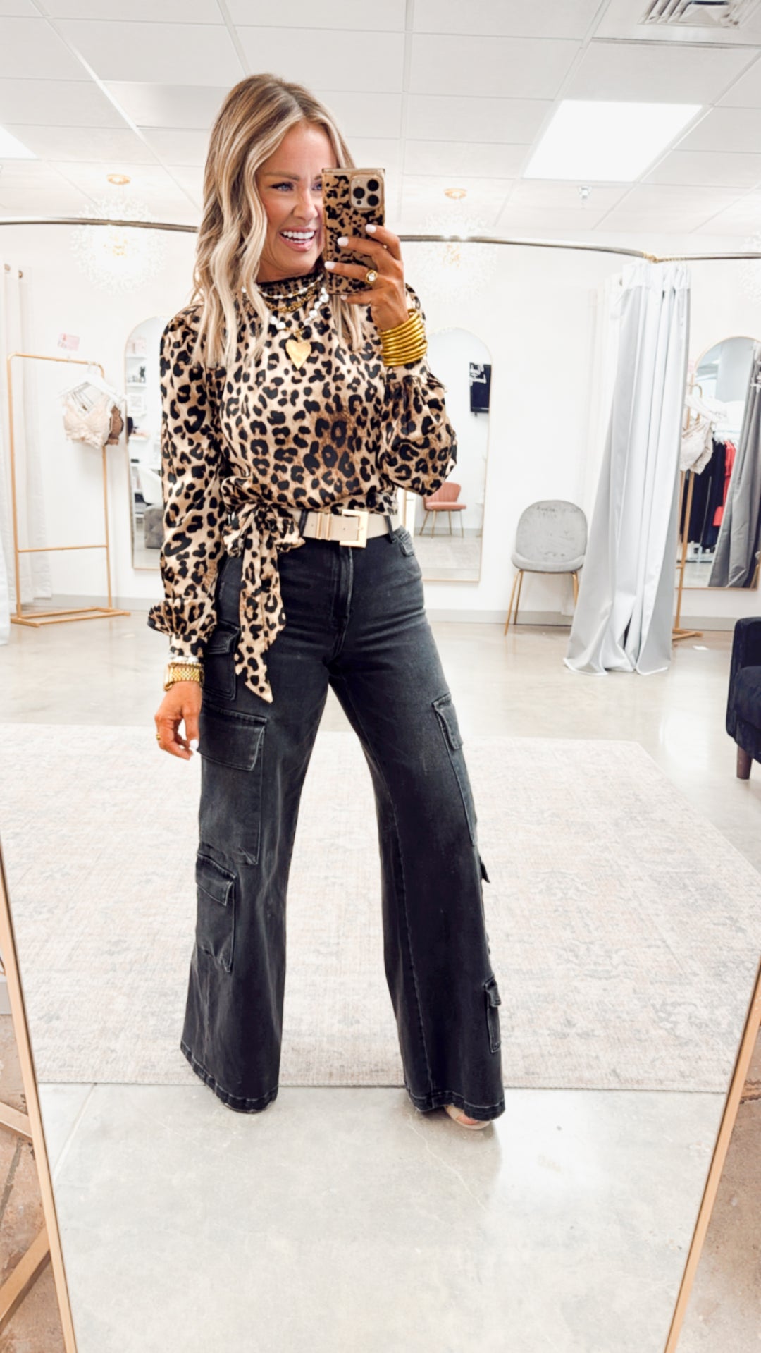 Leopard Print Smock Neck Blouse