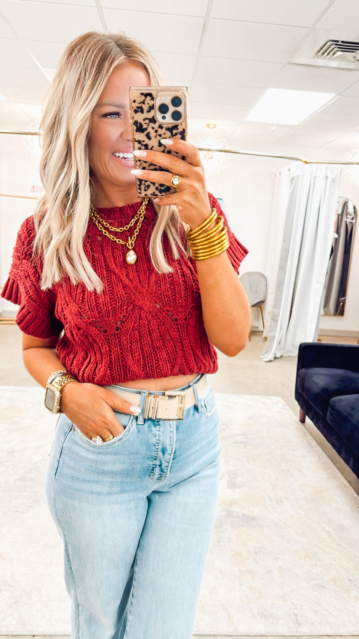 Cable Knit Sweater Top-Wine