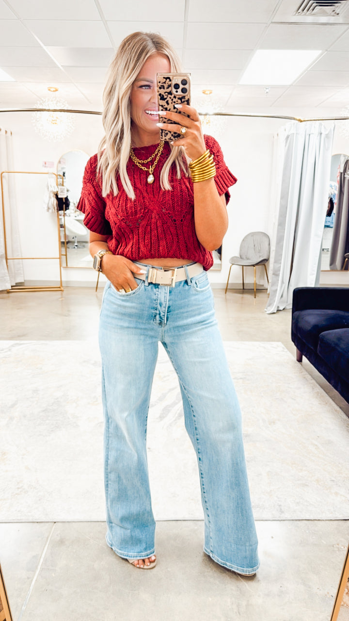 Cable Knit Sweater Top-Wine