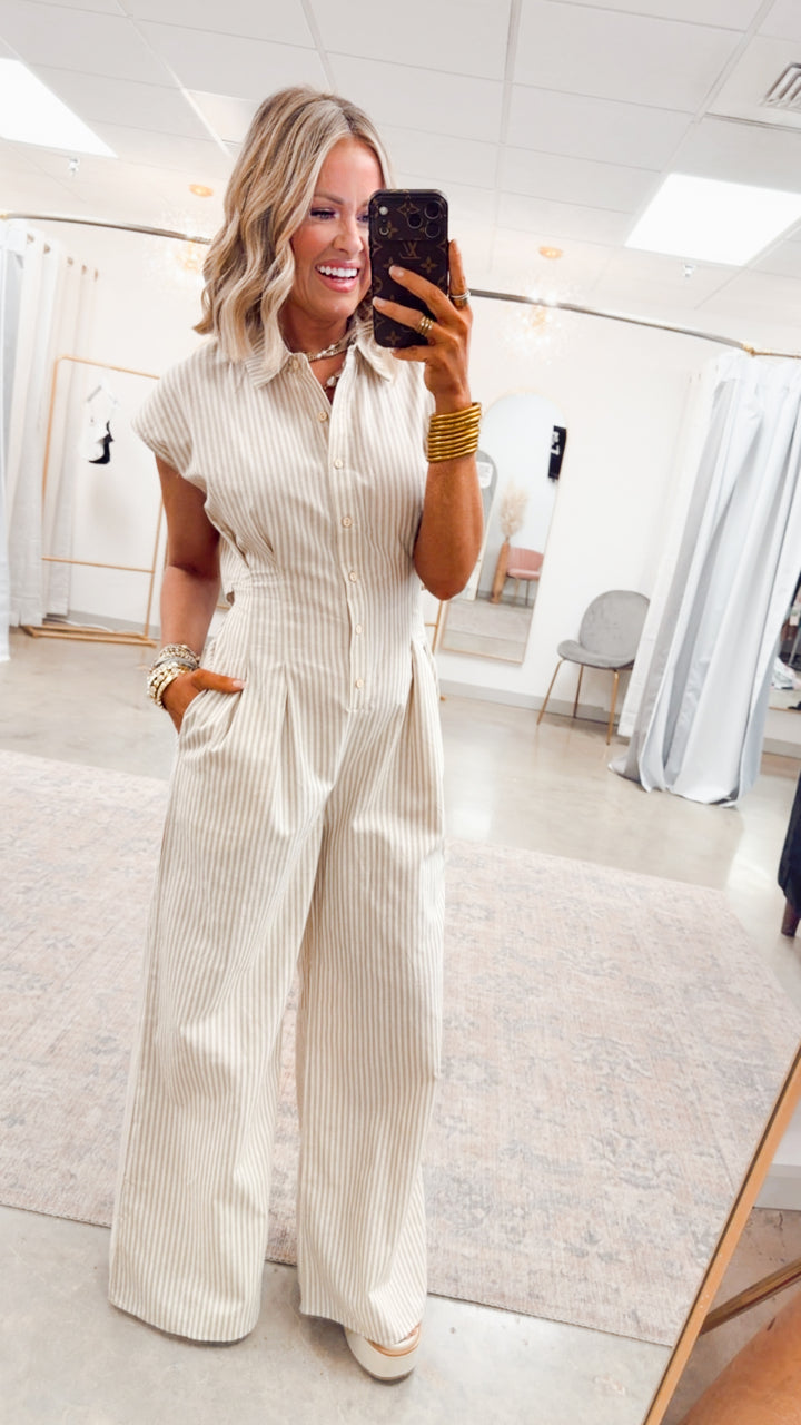 The Boardwalk Stripe Jumpsuit-Taupe