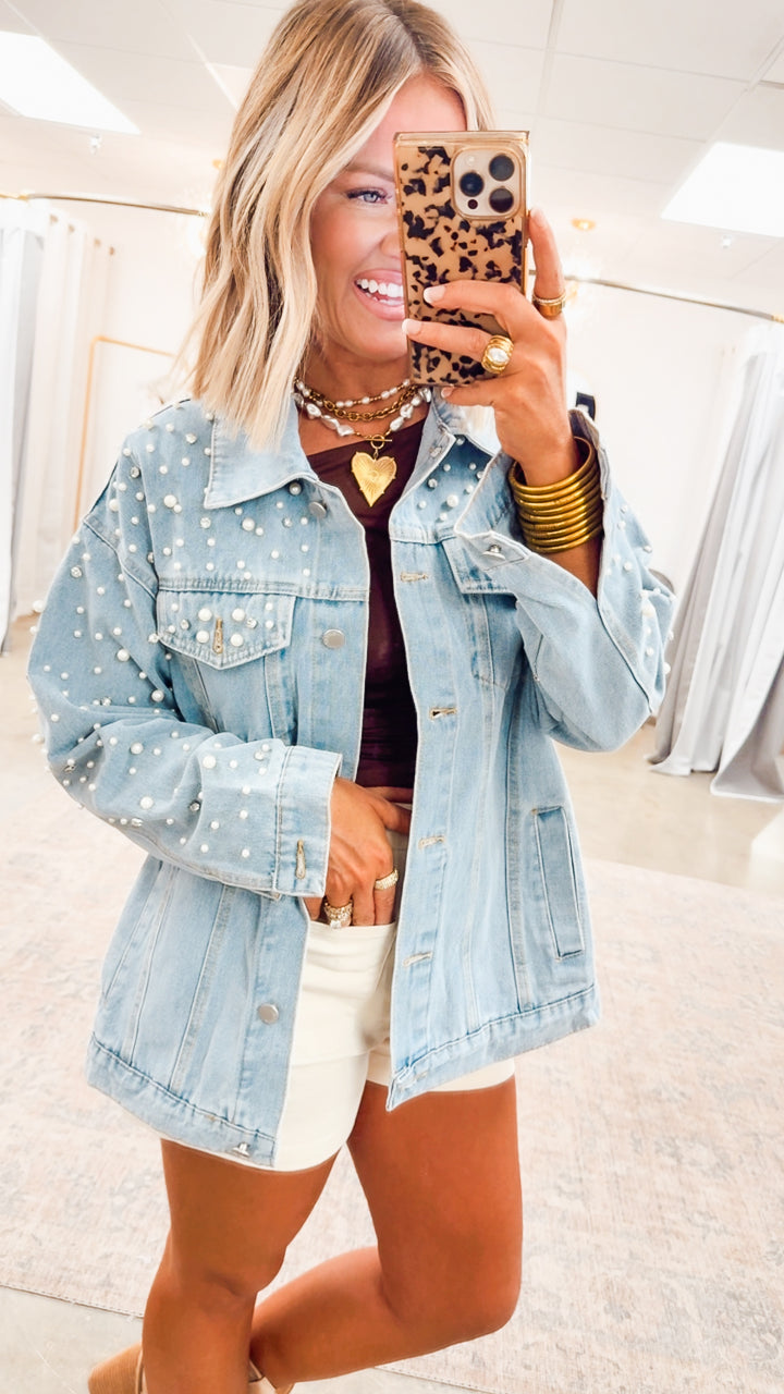 Pearl and Rhinestone Denim Jacket