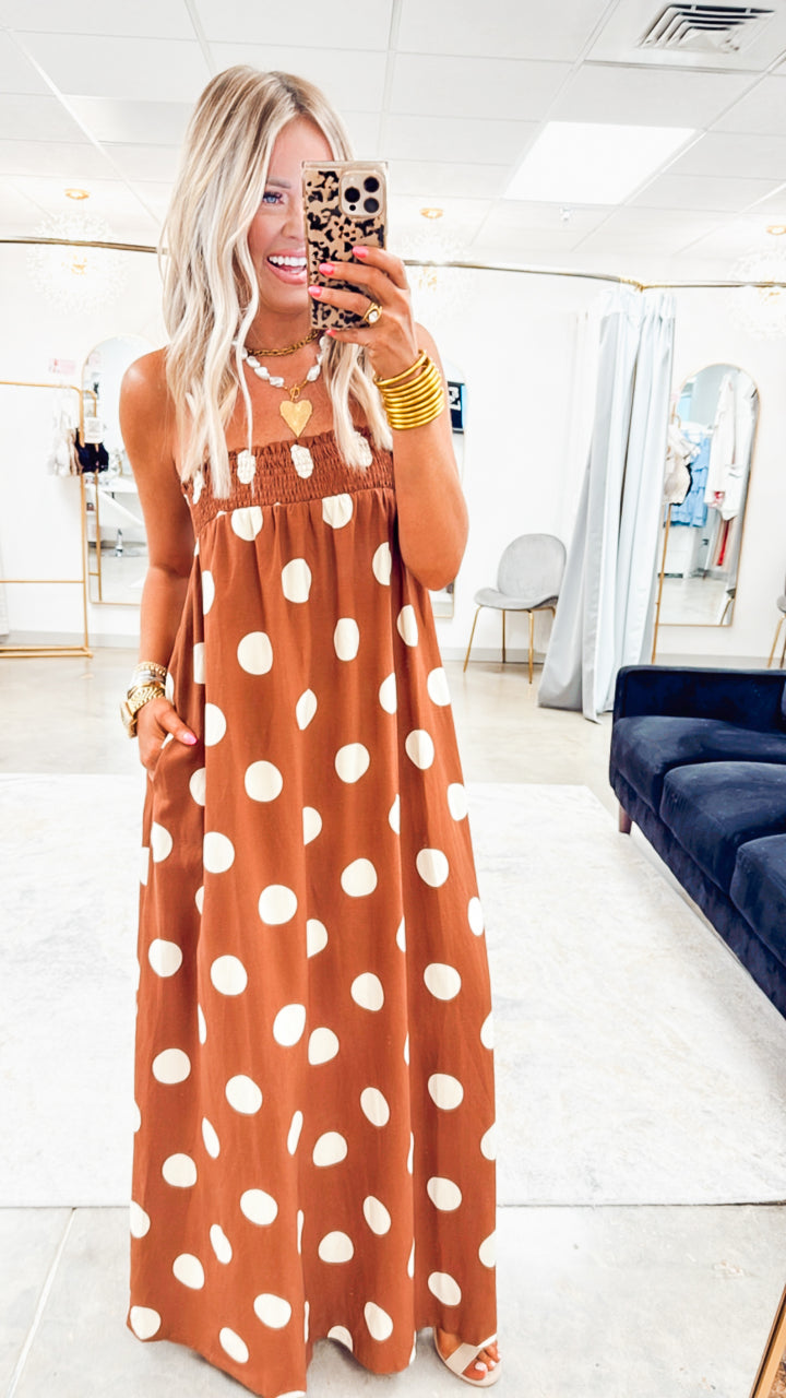 Polka Dot Smocked Maxi Dress- Brown
