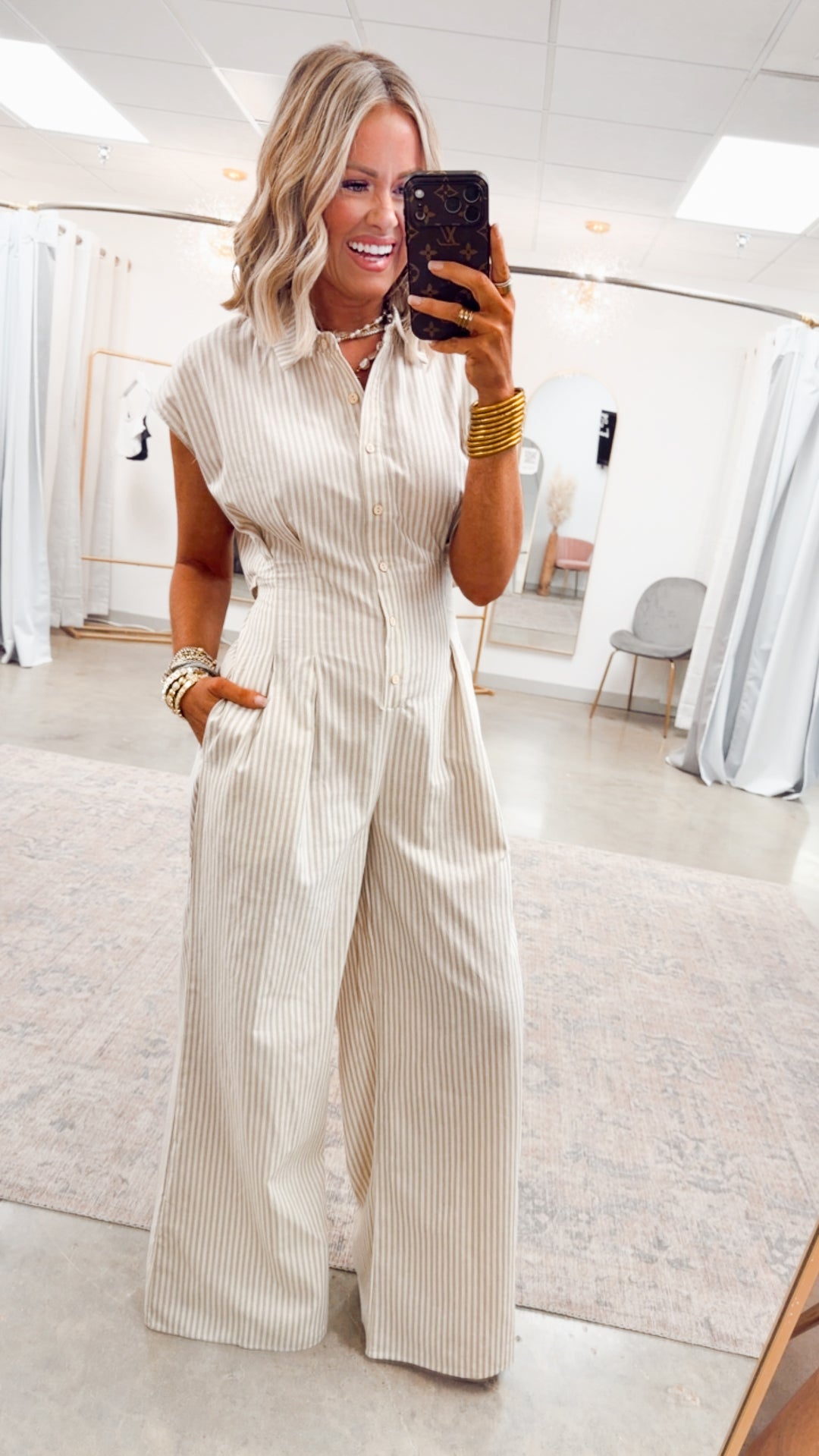 The Boardwalk Stripe Jumpsuit-Taupe