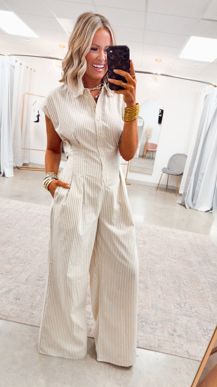 The Boardwalk Stripe Jumpsuit-Taupe