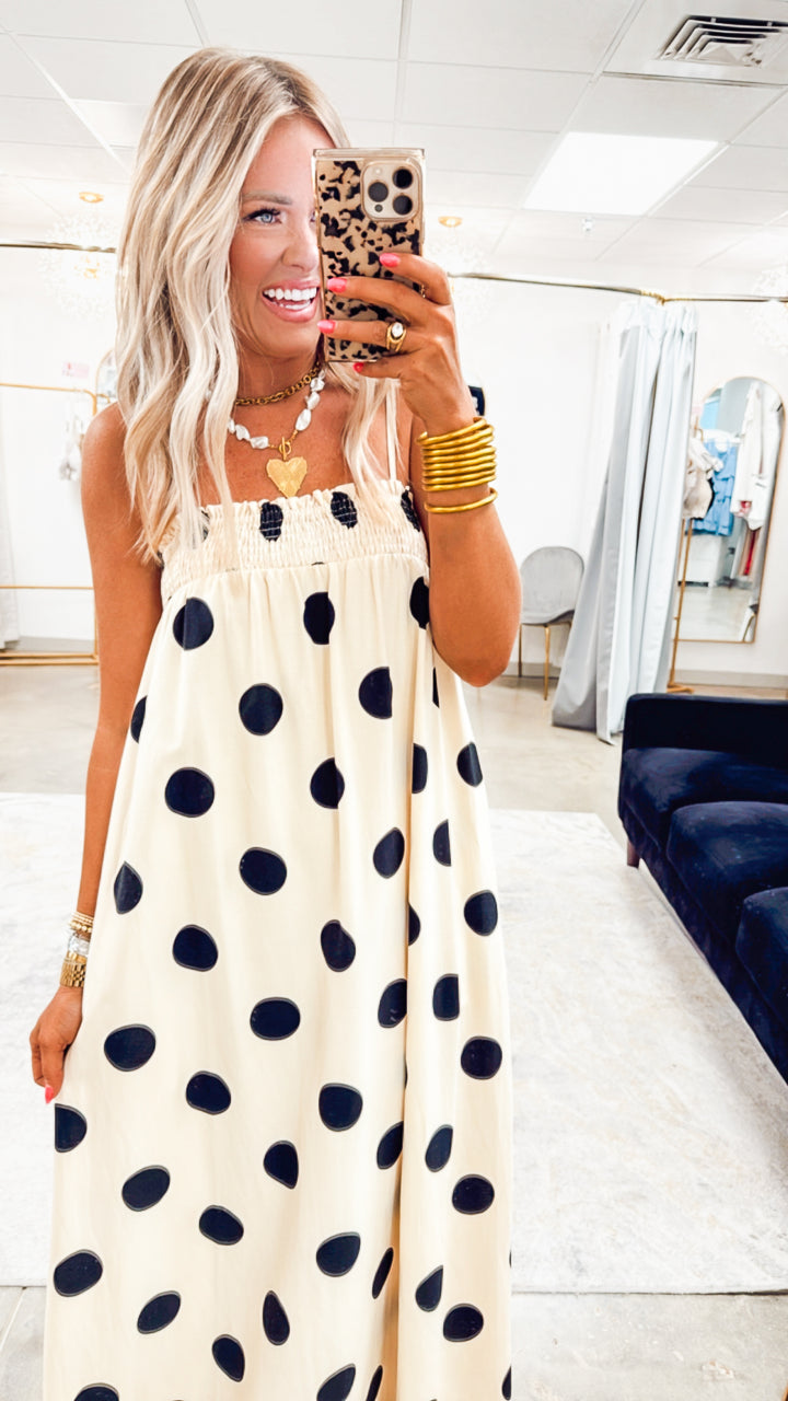 Polka Dot Smocked Maxi Dress- Cream