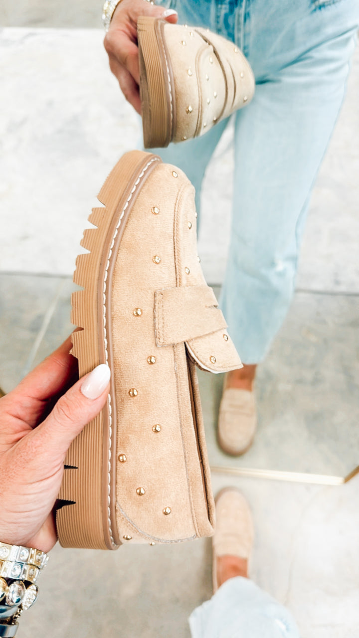 Corkys Stud Muffin Loafers -Sand Faux Suede