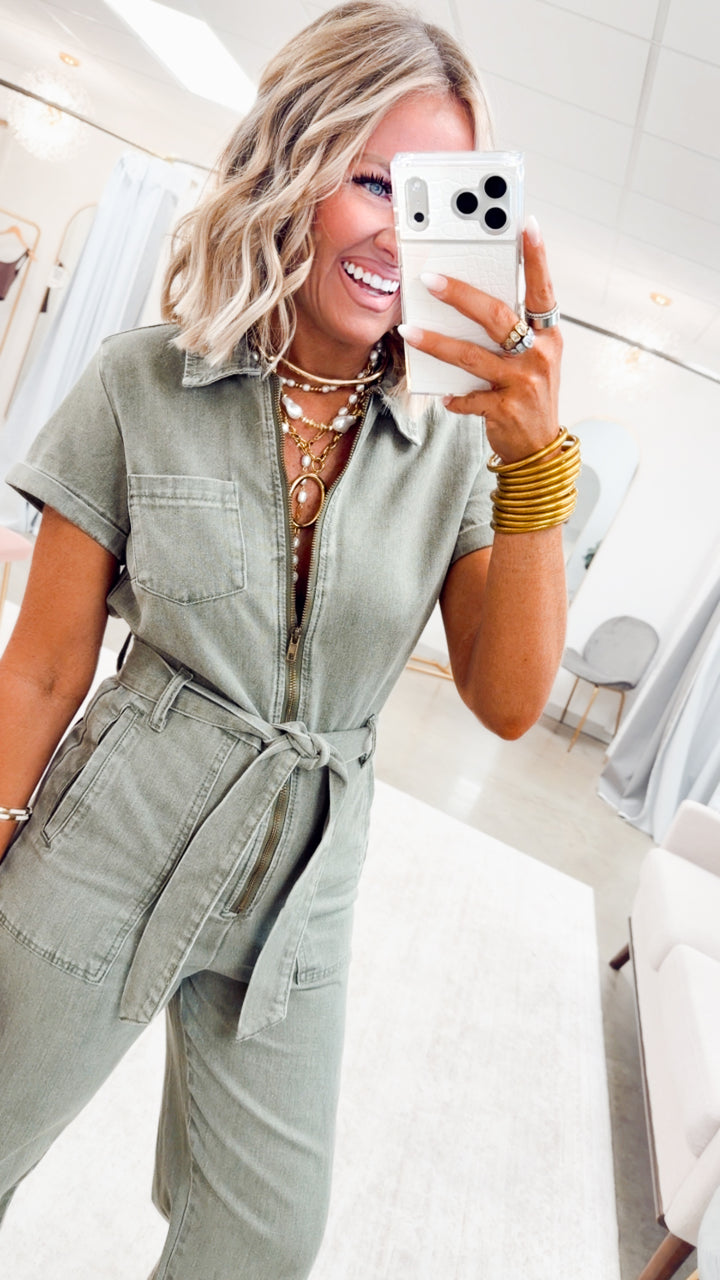 The Maverick Denim Jumpsuit-Olive