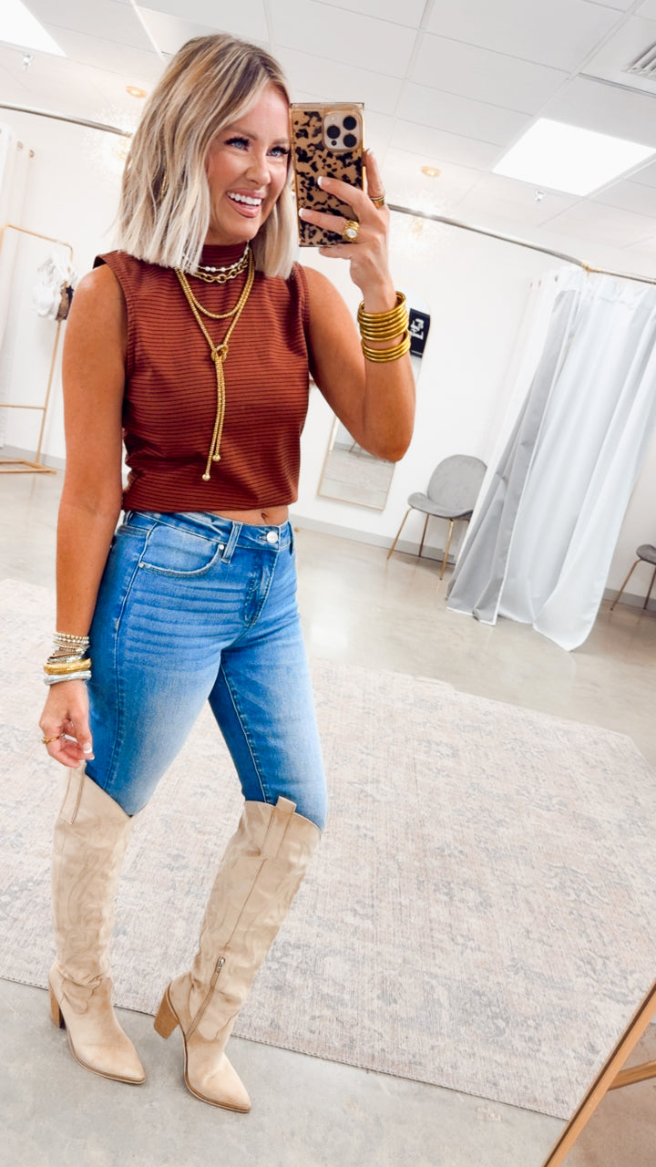 Mock Neck Sleeveless Top-Camel/Navy