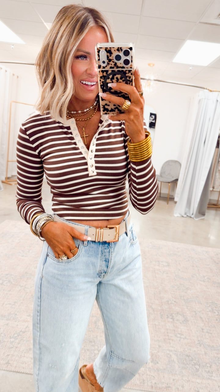 Henley Snap Button Top-Chocolate