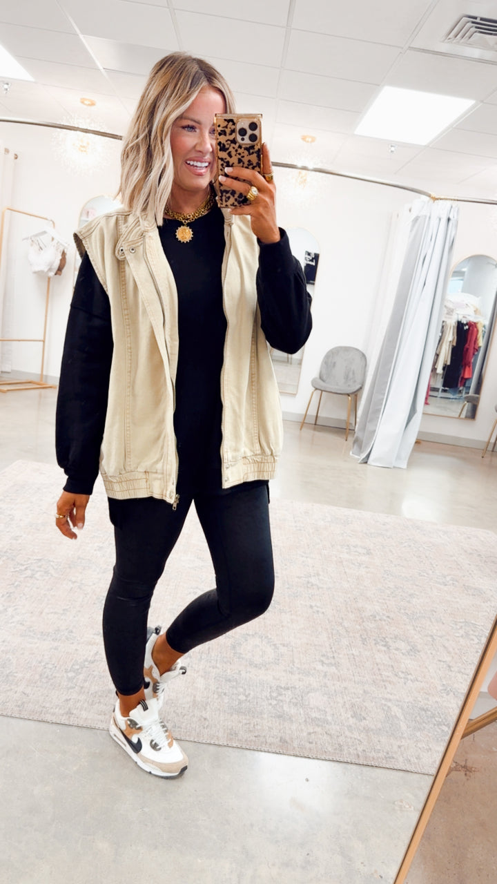 Denim High Neck Vest-Sandstone