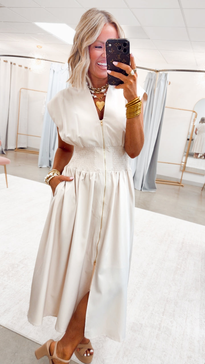 The Aveline Smocked Midi Dress-Champagne