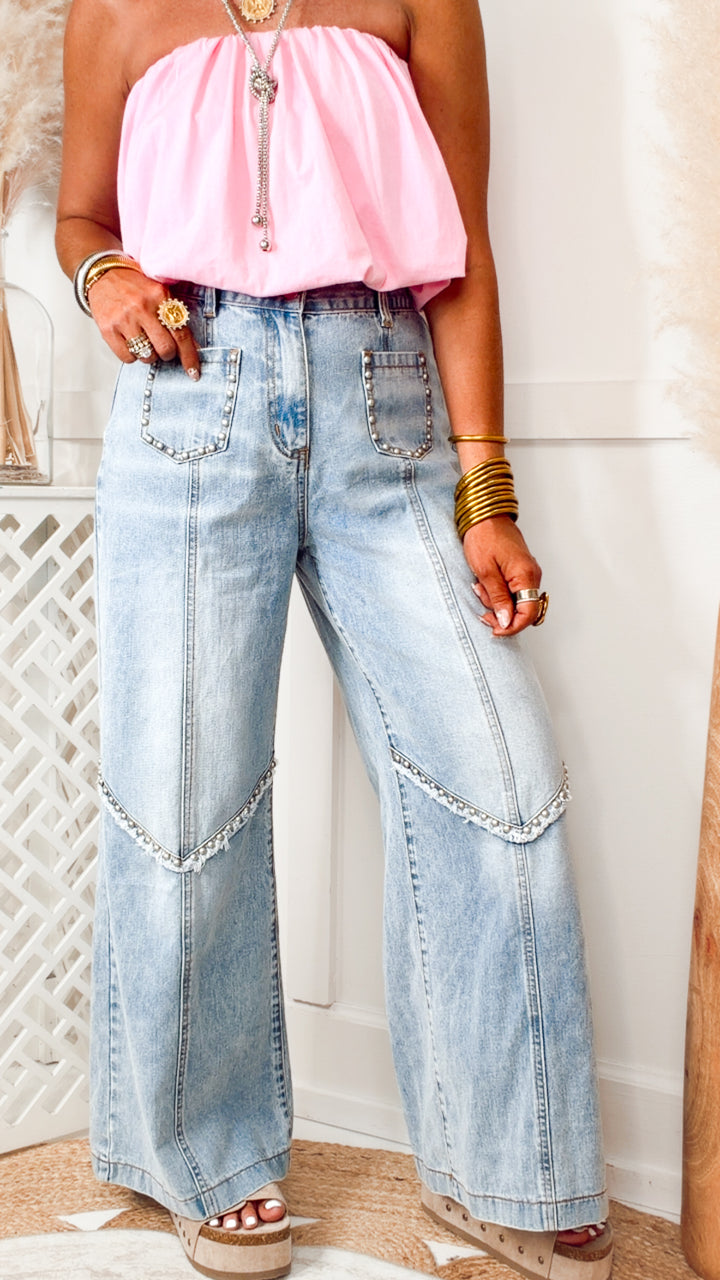 The Presley Stud Wide Leg Pants- Denim