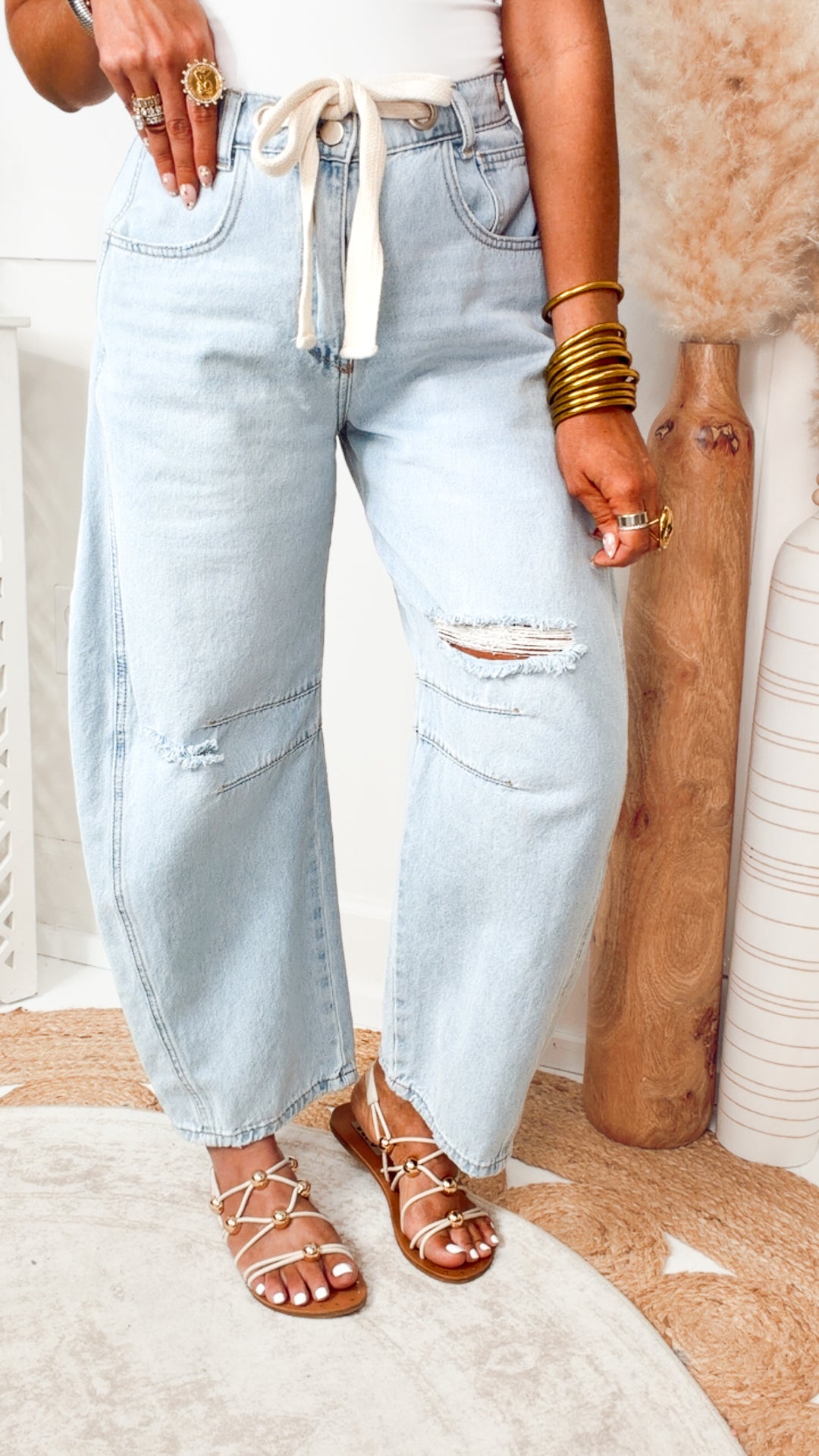 Emmie Eyelet Belted Barrel Jeans