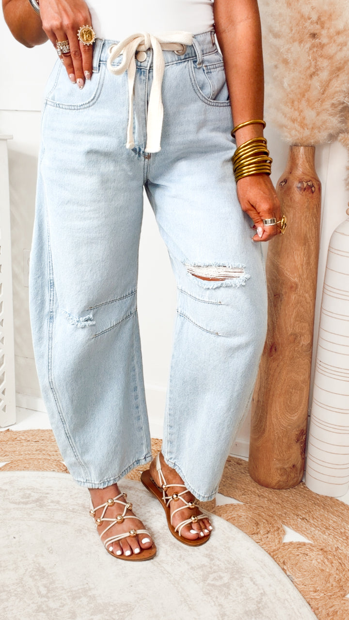 Emmie Eyelet Belted Barrel Jeans