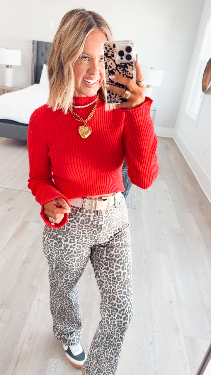 Sleek Mock Neck Ribbed Top-Red