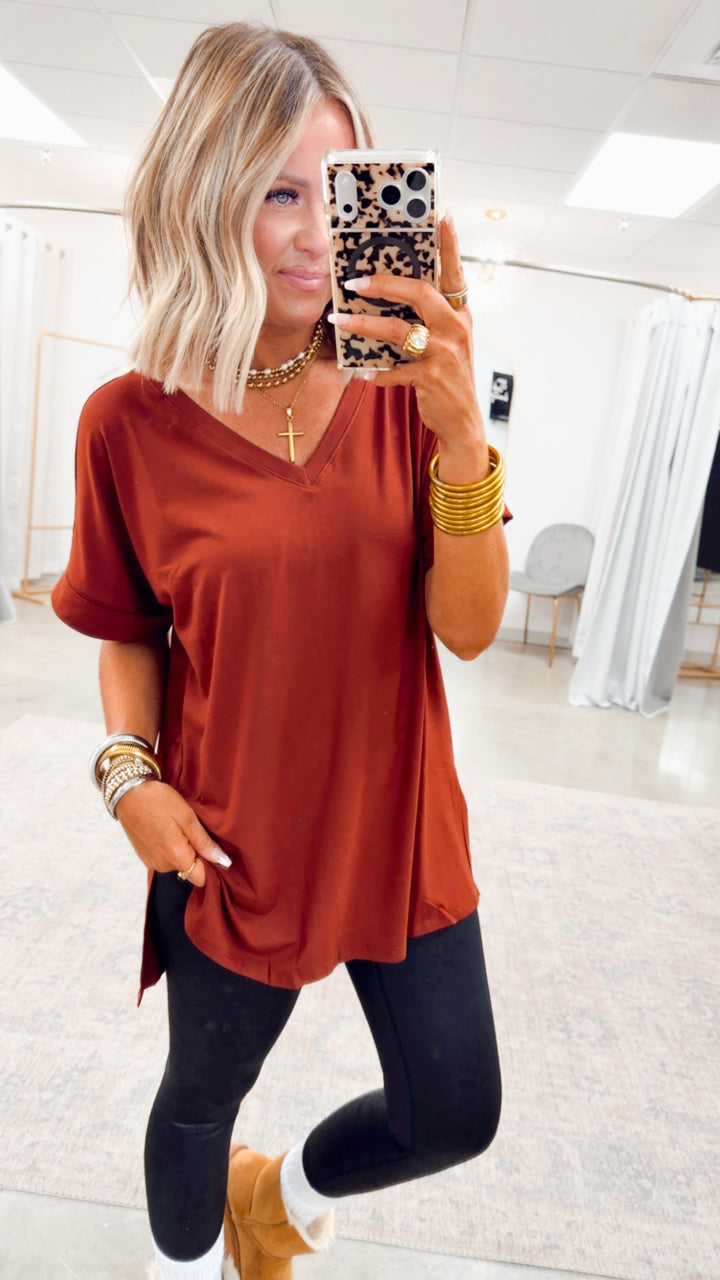 Rolled Short Sleeve V-Neck Top-Dark Rust