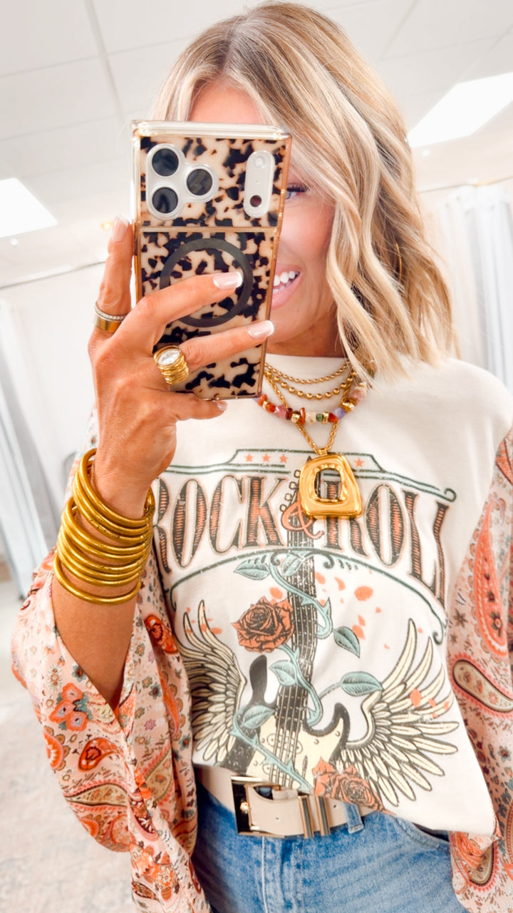 Rock N Roll Graphic Kantha Top-Bone