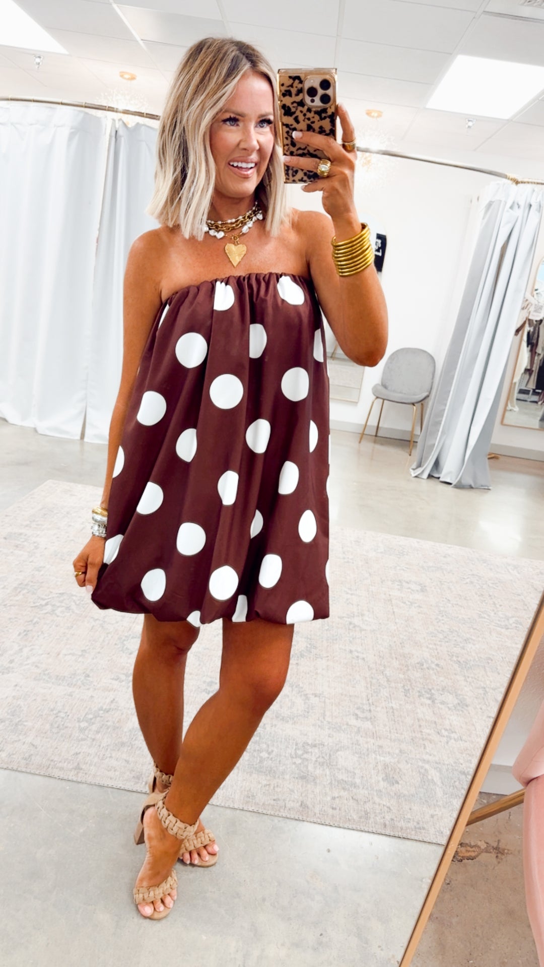 Darling Polka Dot Bubble Hem Dress-Brown/Ivory