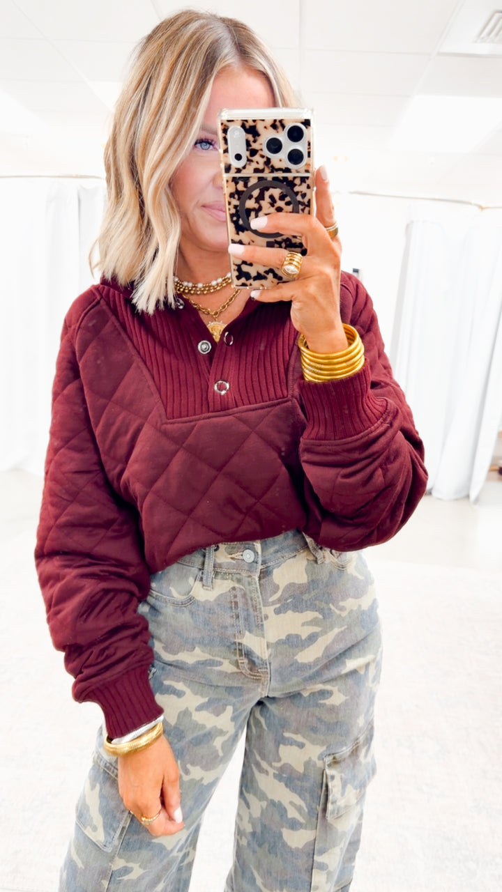 Quilted Snap Pullover-Dk Cherry