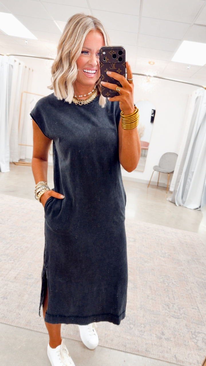Mineral Washed Cap Sleeve Midi Dress-Black