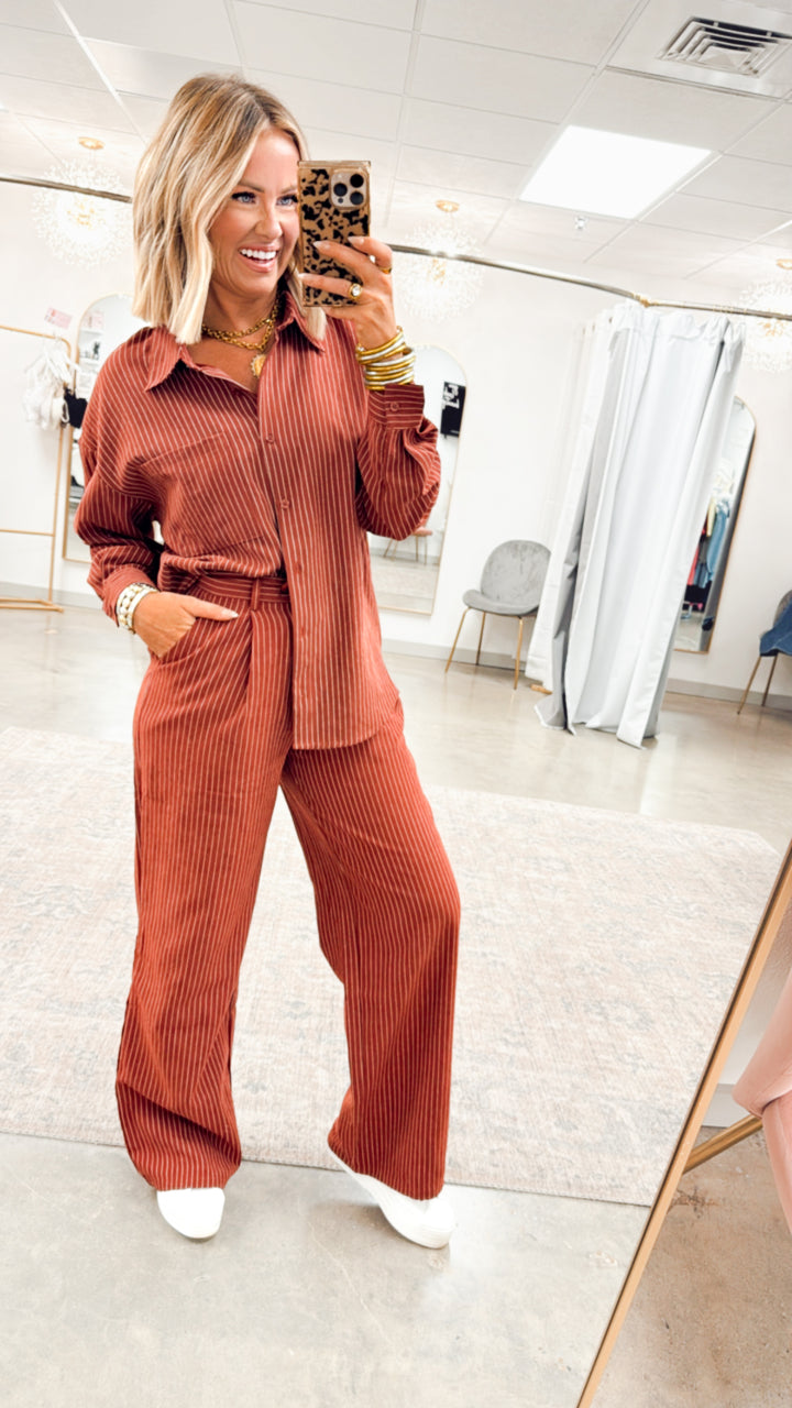 Lexi Pinstripe Top & Pants Set-Burgundy