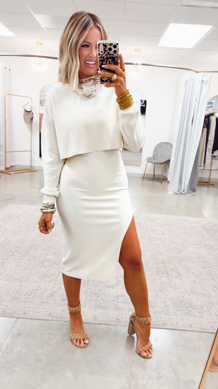 Loft Pullover & Midi Dress Set-Cream