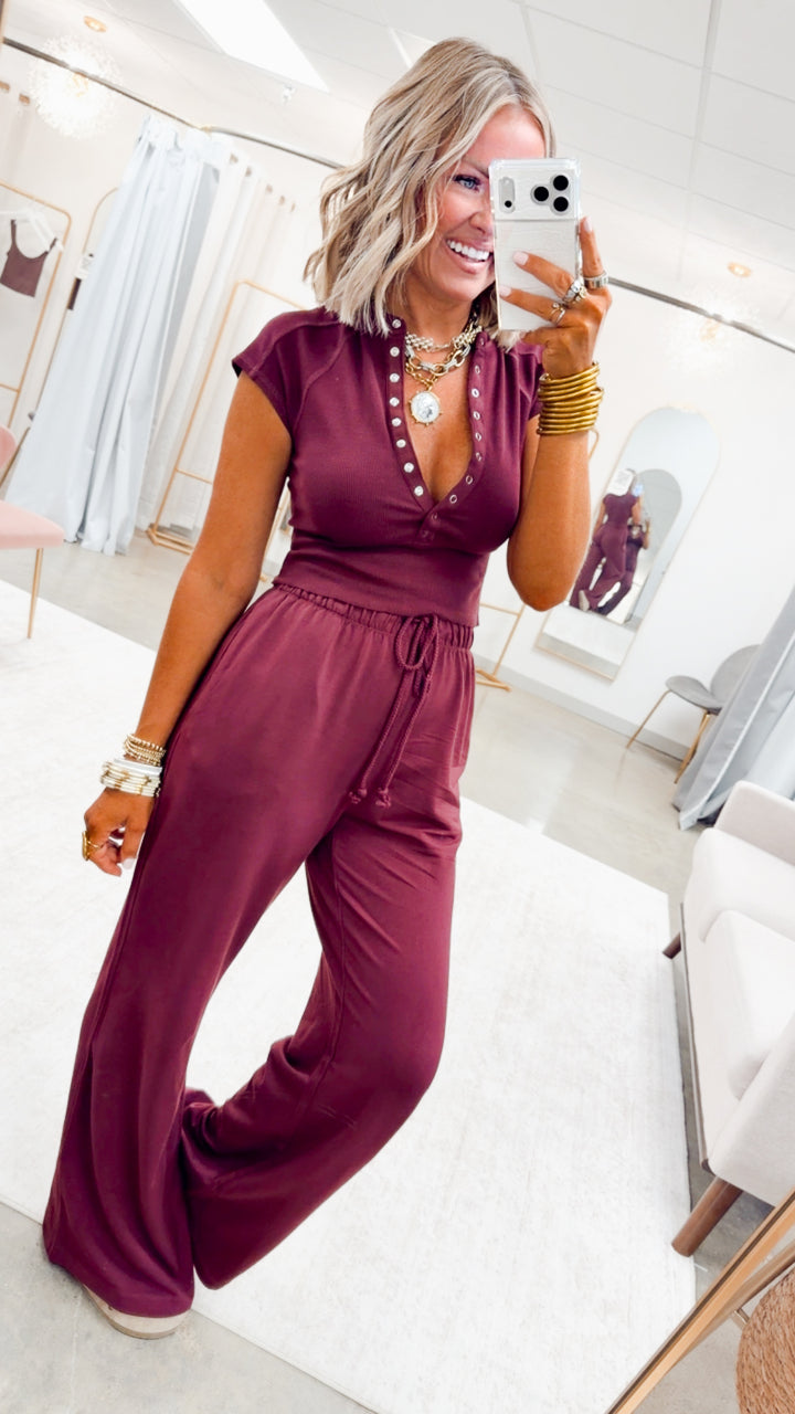 Evie Raglan Top & Pant Set-Wine