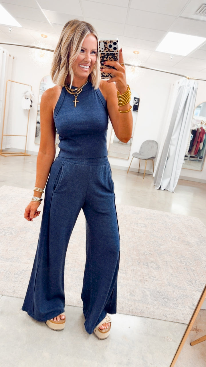 Harlow Halter Neck Crop Top & Pants Set-Navy