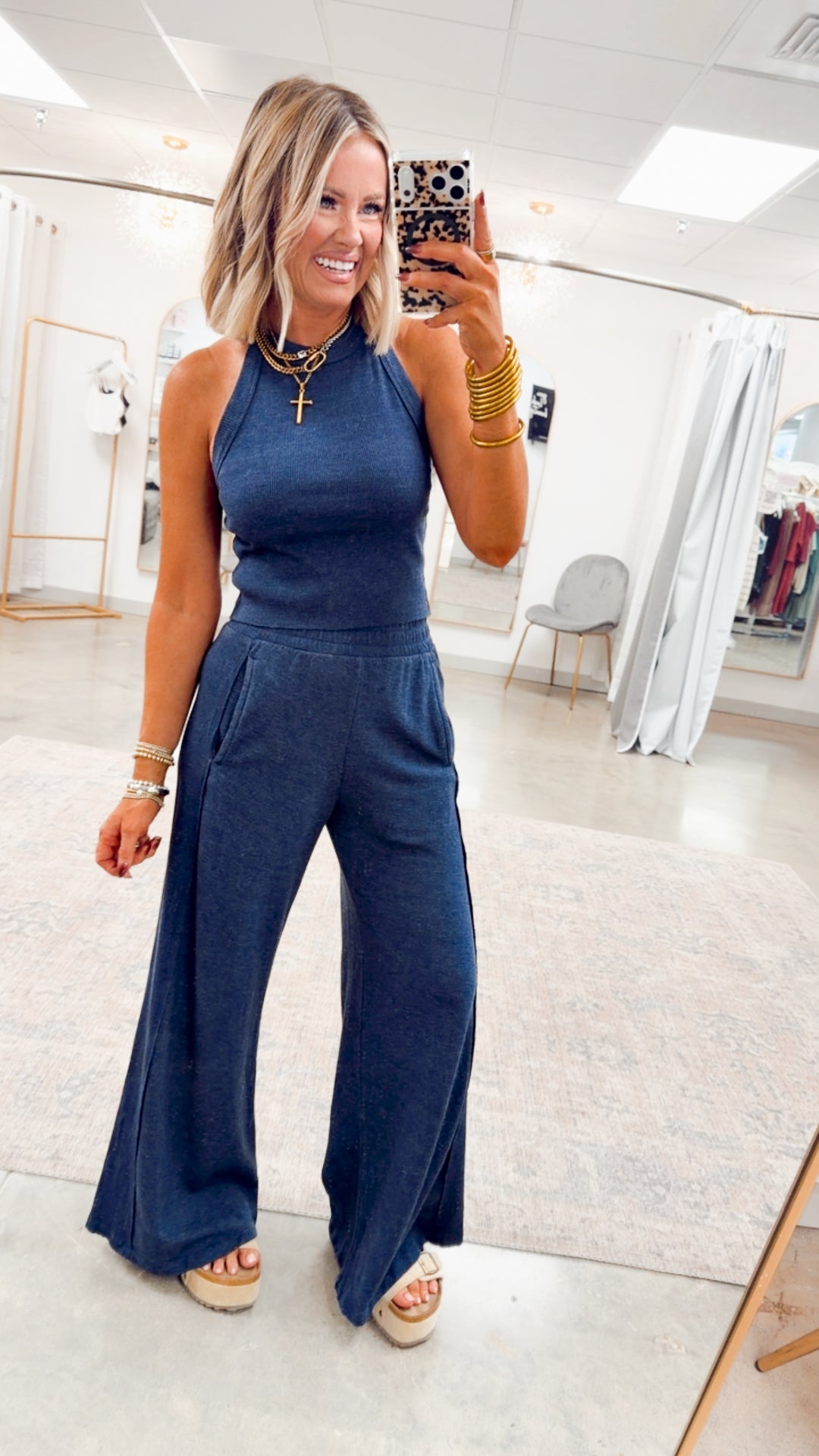 Harlow Halter Neck Crop Top & Pants Set-Navy