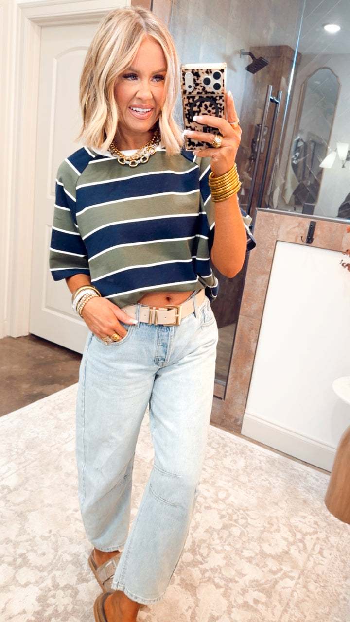 Stripe Edit Top-Olive/Navy