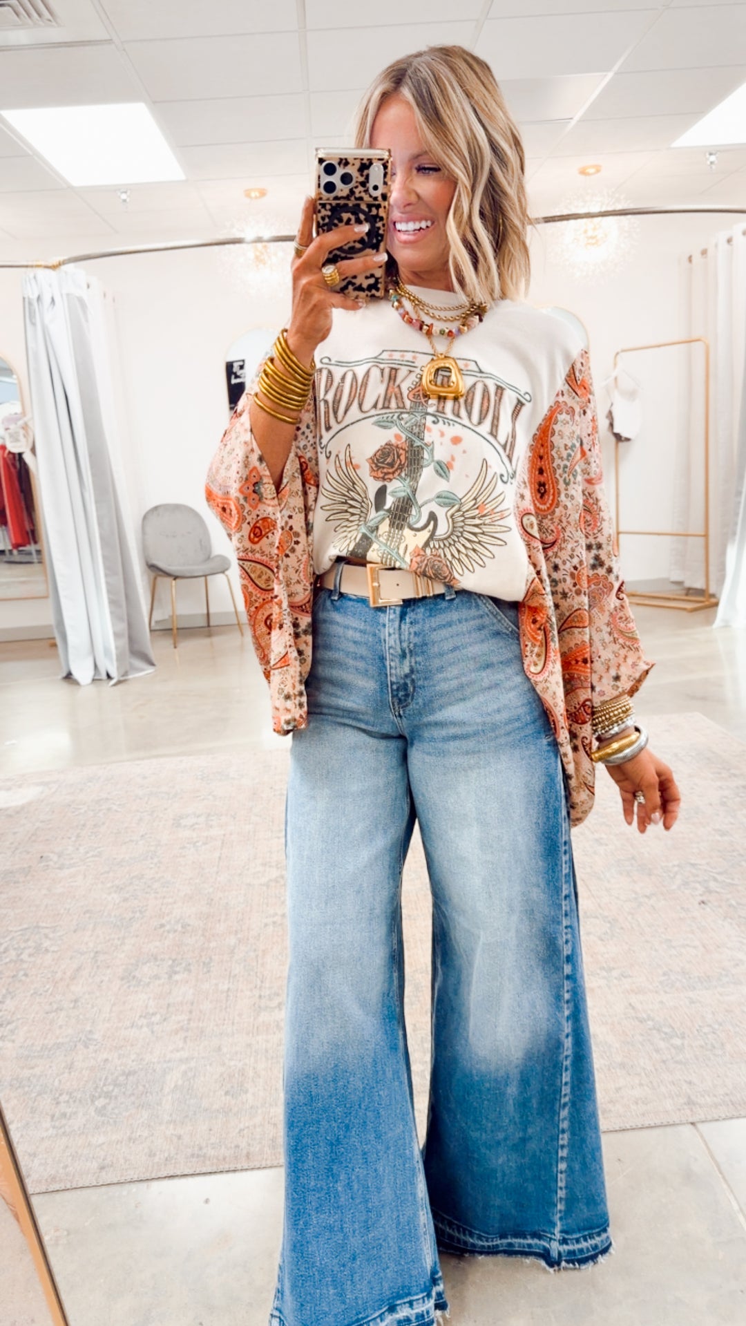 Rock N Roll Graphic Kantha Top-Bone