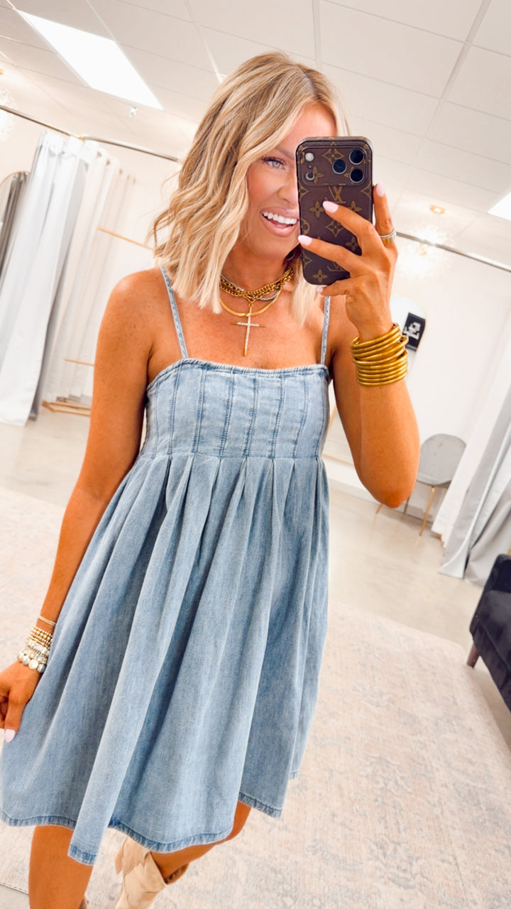 Teagan Pleated Mini Dress-Medium Denim