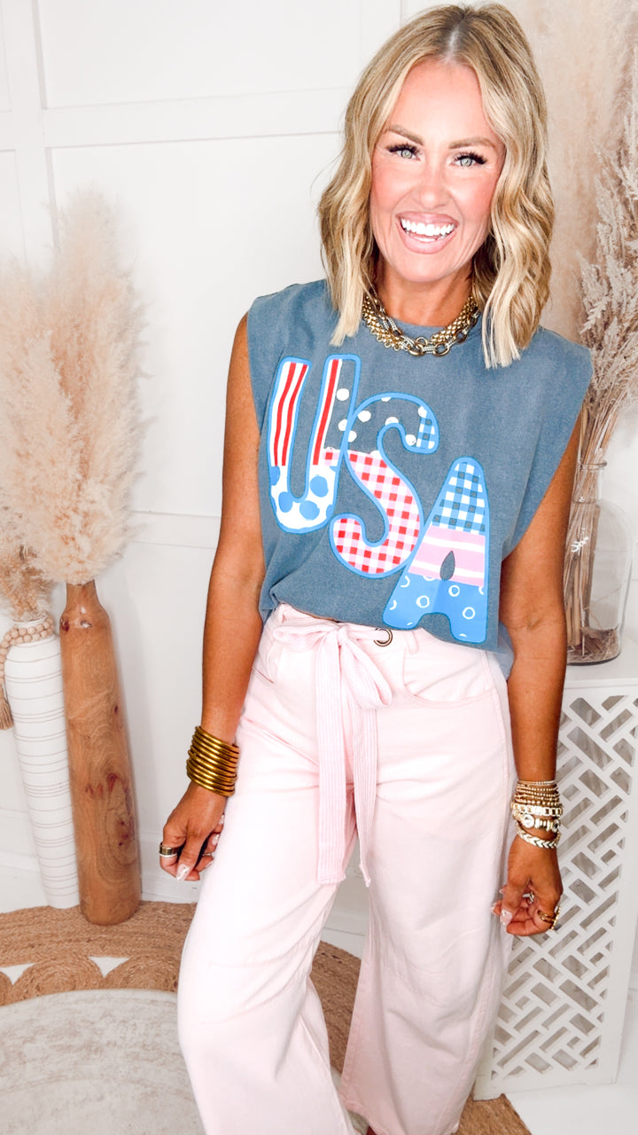 USA Patch Print Denim Muscle Tee