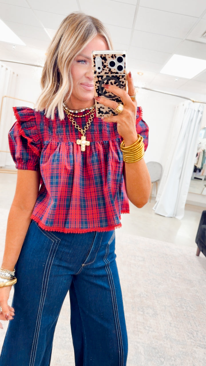 Plaid Tidings Top-Red/Navy