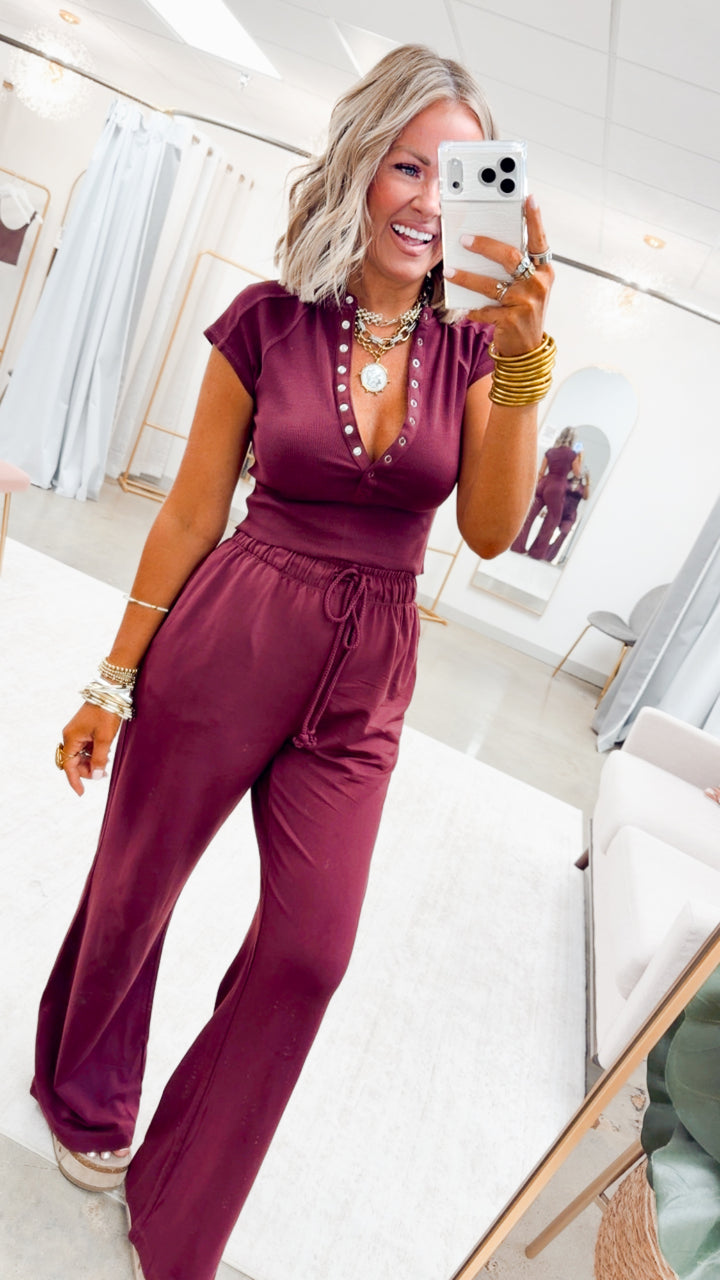 Evie Raglan Top & Pant Set-Wine