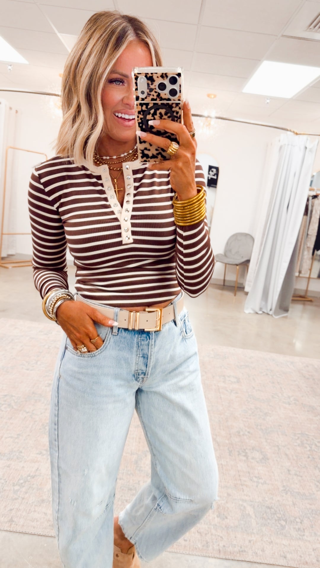 Henley Snap Button Top-Chocolate