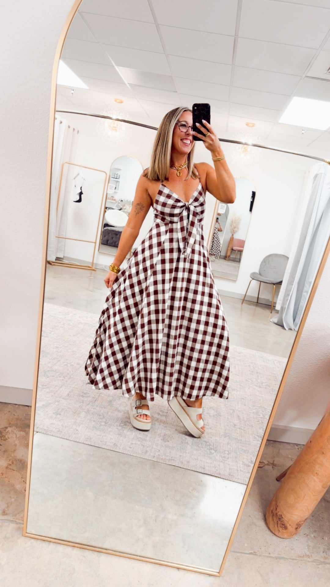The Gingham Front Tie Midi Dress
