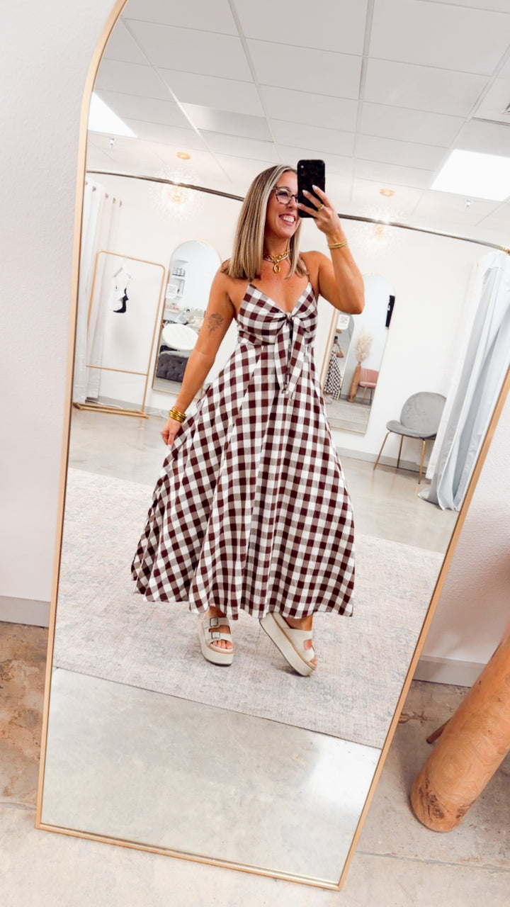 The Gingham Front Tie Midi Dress