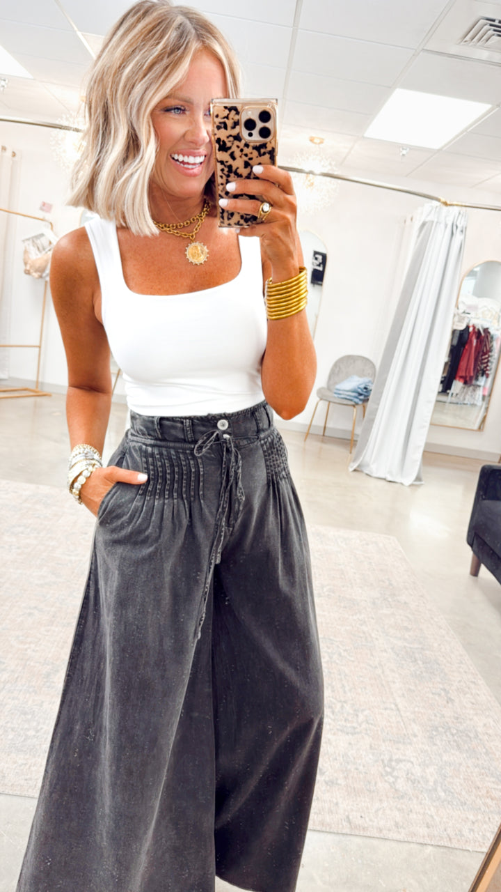 Pintuck Wide Leg Pants-Washed Black