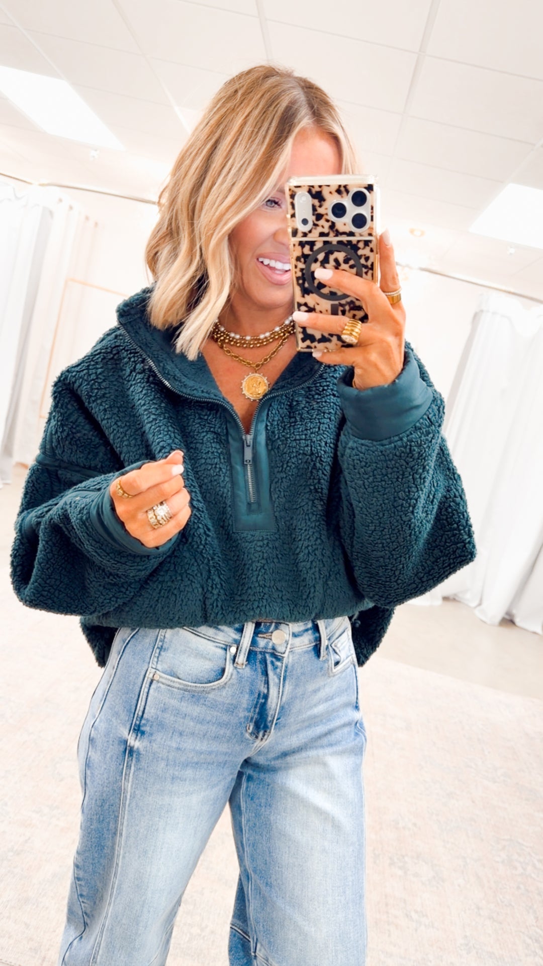 Sherpa Mock Neck Quarter Zip Jacket-Dk Green