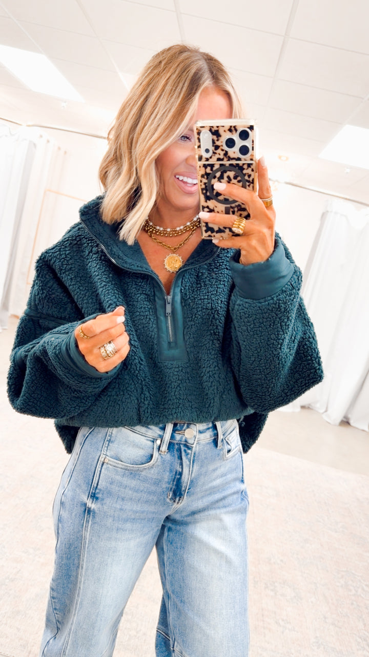 Sherpa Mock Neck Quarter Zip Jacket-Dk Green