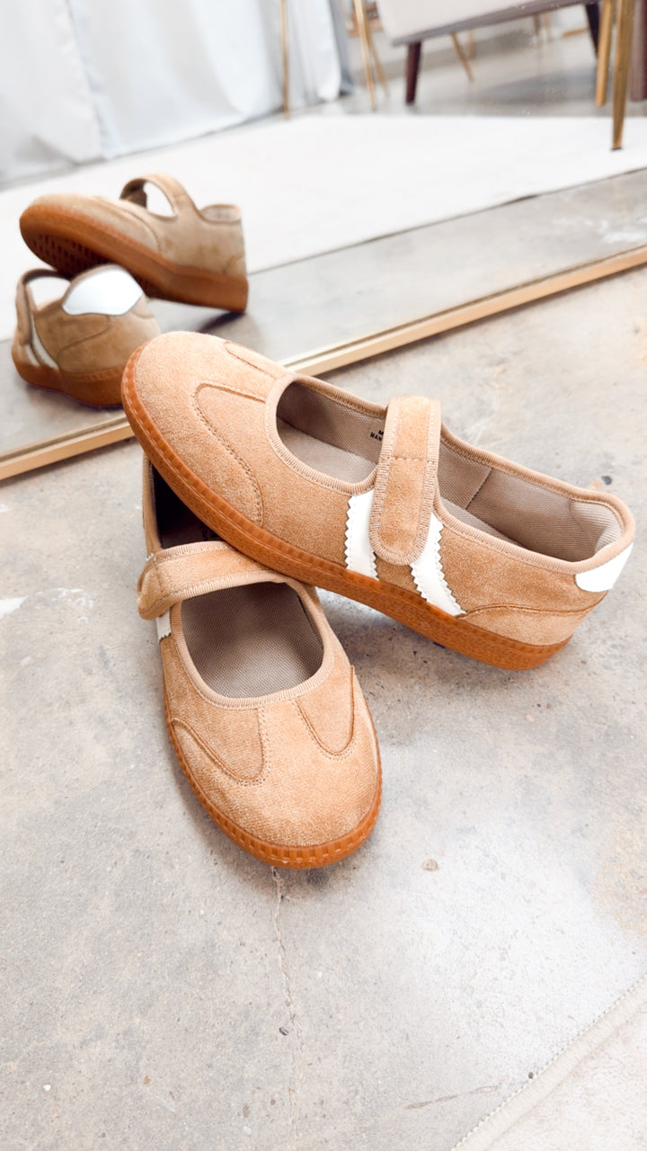 Calm Down Mary Jane Camel Faux Suede Sneaker