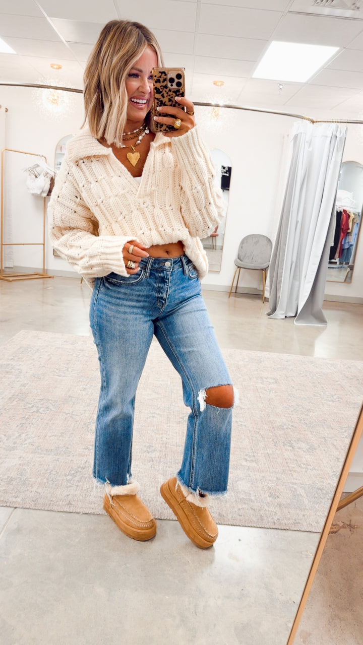 Cozy Collared Sweater Top-Cream