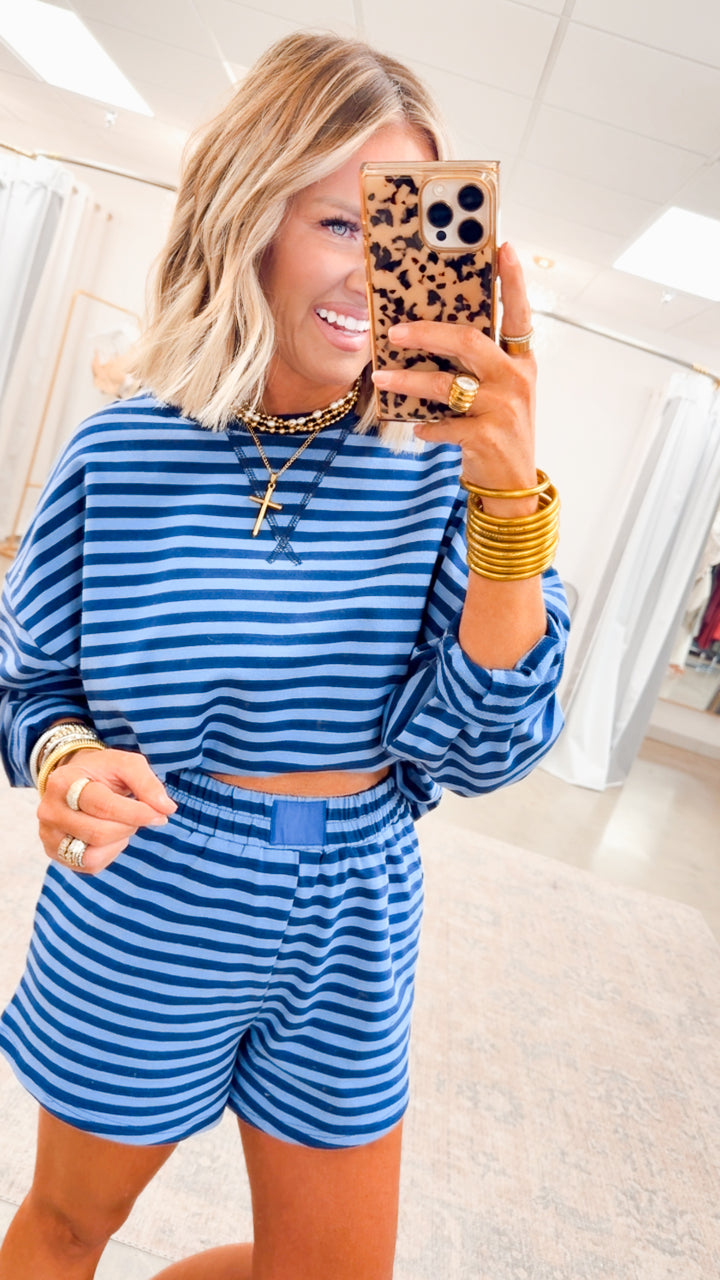 Lennon Stripe Shorts Set-Navy/Blue