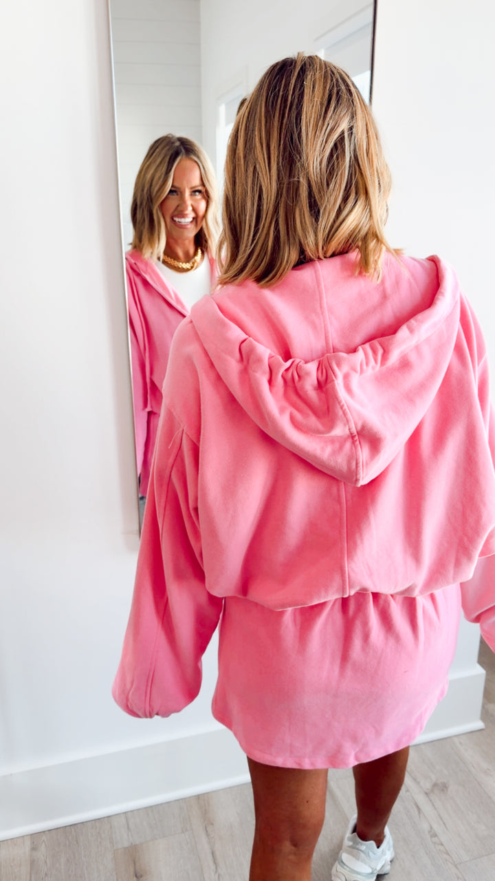 Bubble Hem Hooded Top & Skirt Set-Punch